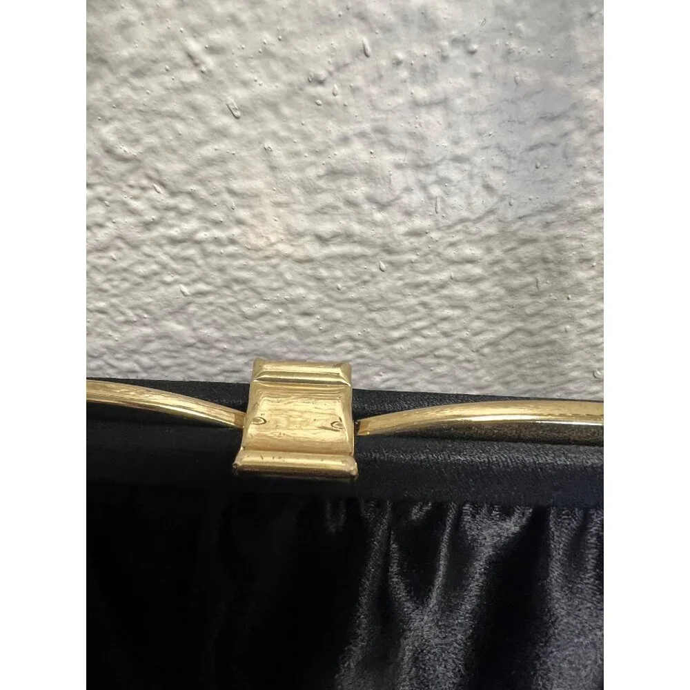 Vintage Black Satin Clutch Purse With Gold Chain Strap & Frame